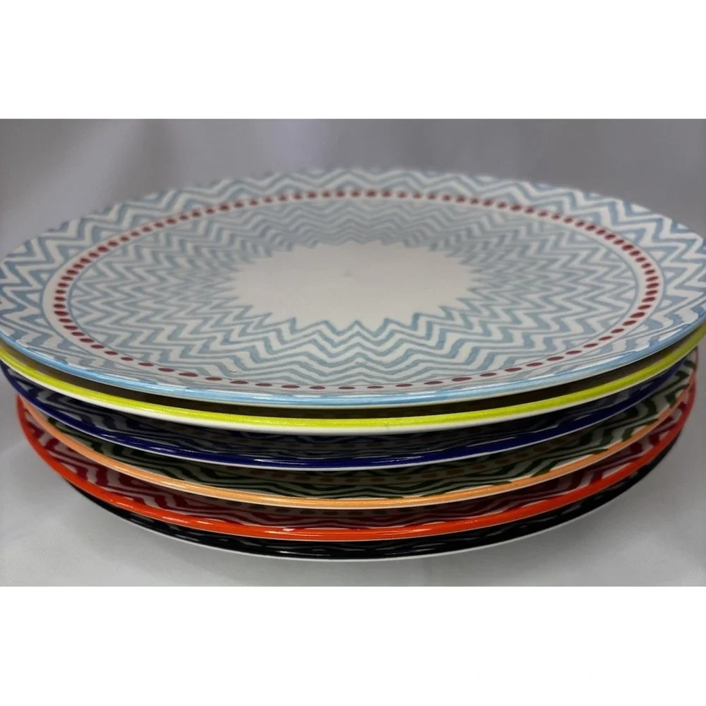 Set Of 6‎ Handmade Geometric Zig Zag Colorful Dinner Plates  10.25